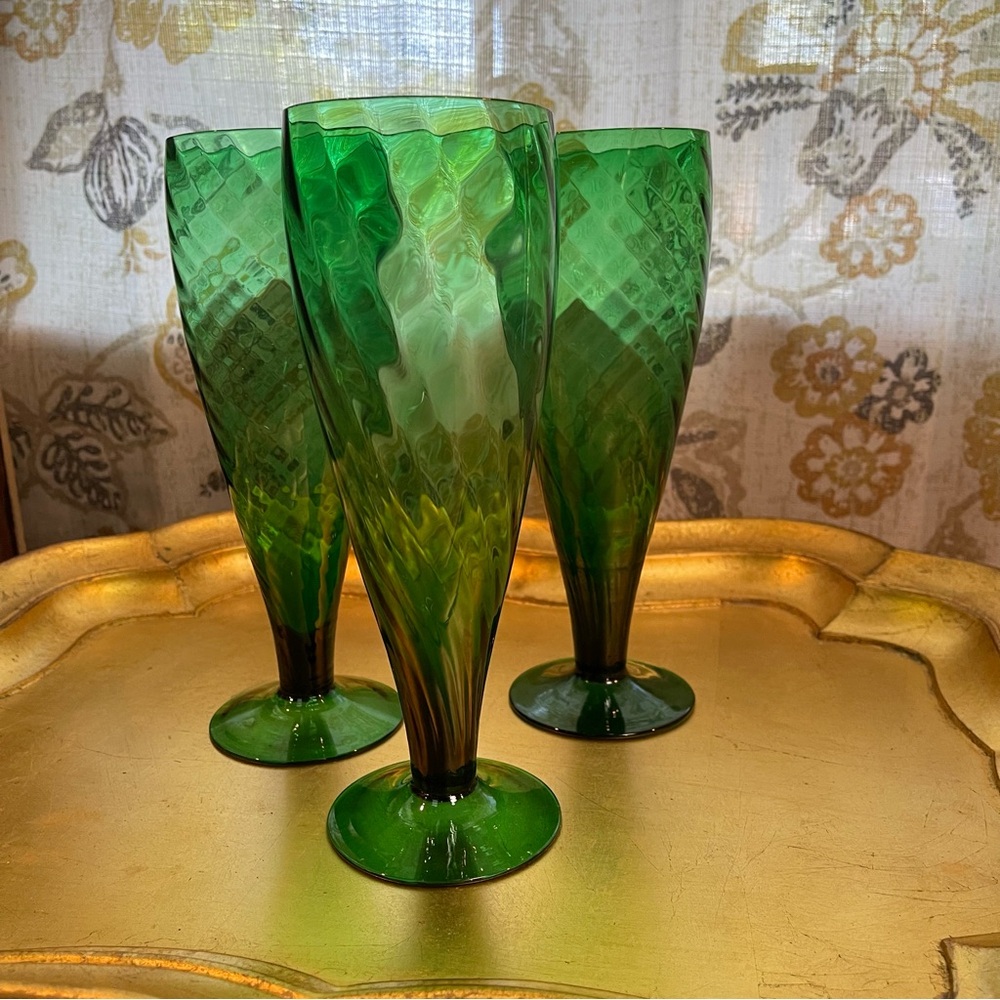 Vintage  3 Empoli Optic Drinking Glasses, Emerald Green  Optic Glass Handblown - Picture 11 of 16